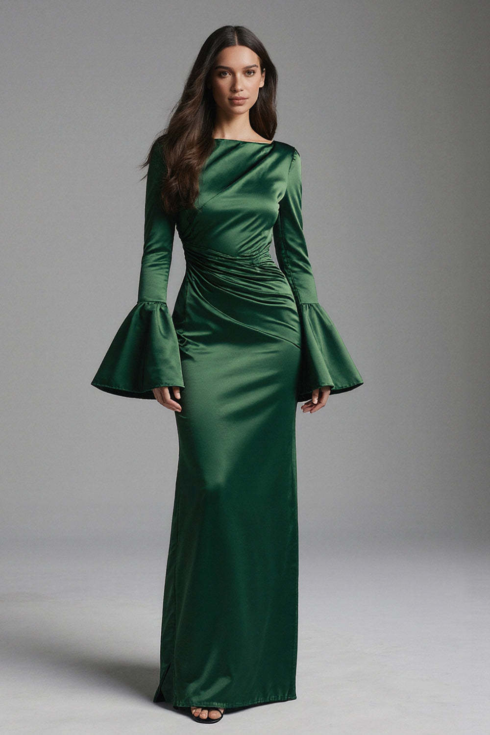 Dressystars Dark Green Backless Flare Sleeves Mermaid Long Evening Dress With Ruffles