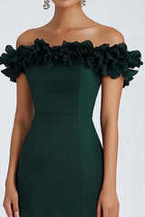 Dark Green Formal Dress Satin Off The Shoulder A Line Wedding Guest Dress With Ruffles
