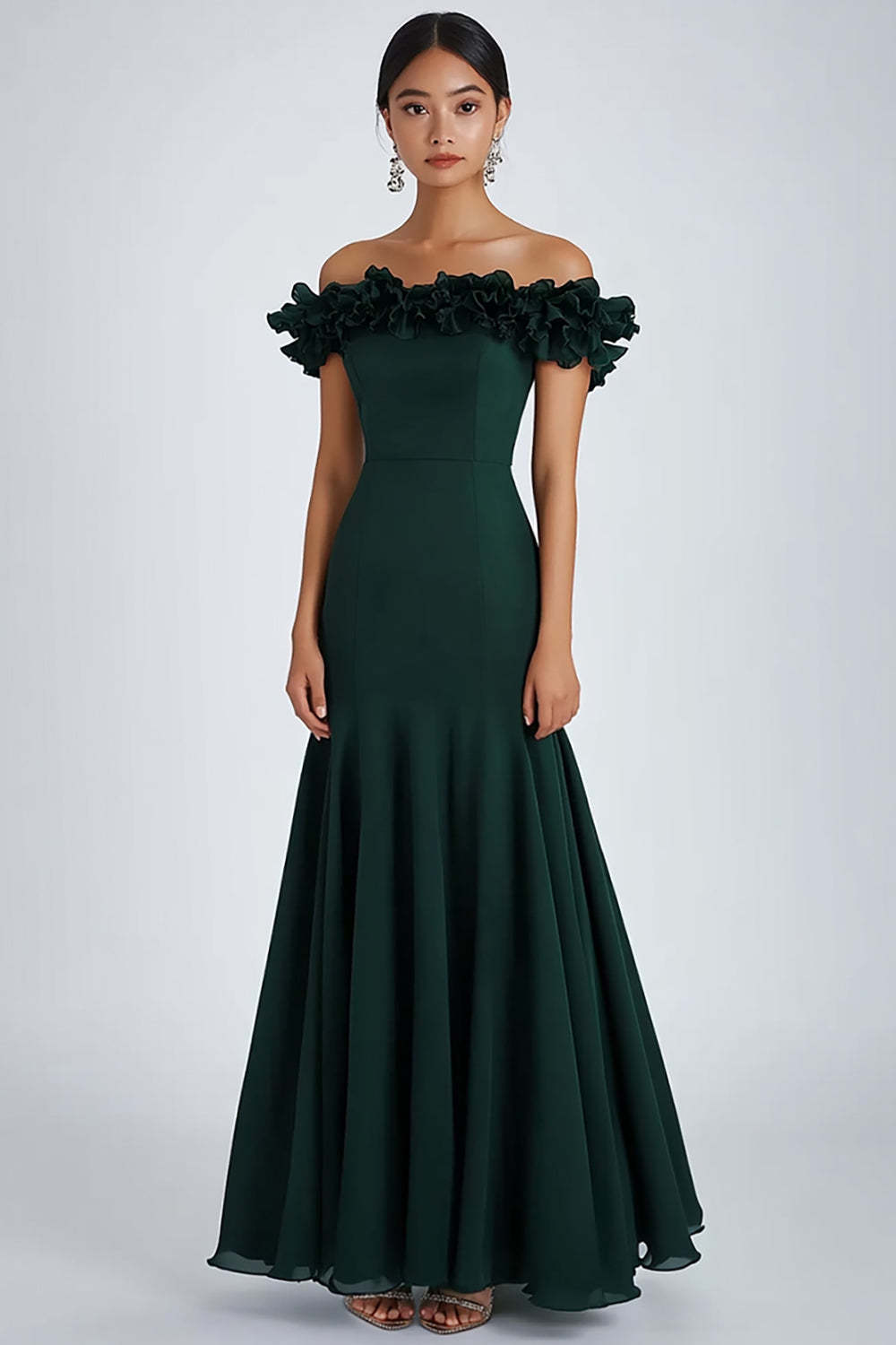 Dark Green Formal Dress Satin Off The Shoulder A Line Wedding Guest Dress With Ruffles