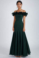 Dark Green Formal Dress Satin Off The Shoulder A Line Wedding Guest Dress With Ruffles