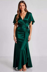 Dark Green Formal Dress Satin Short Sleeves V Neck Sheath Long Wedding Guest Dress