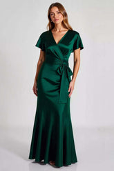 Dark Green Formal Dress Satin V-Neck Long Sheath Wedding Guest Dress With Short Sleeves