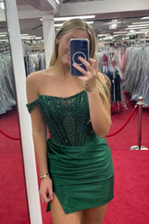 Dark Green Homecoming Dresses Detachable Off the Shoulder Satin Tight Short Cocktail Dresses with Sequin