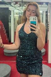 Dark Green Homecoming Dresses Halter Open Back Bodycon Cocktail Dresses With Sequin
