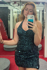 Dark Green Homecoming Dresses Halter Open Back Bodycon Cocktail Dresses With Sequin