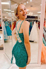 Dark Green Homecoming Dresses Sequin Lace-Up Back Tight Short Cocktail Dresses