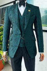 Dark Green Jacquard Notched Lapel 3 Piece Fancy Prom Suit