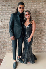 Dark Green Jacquard Shawl Lapel One Button 2 Piece Men's Prom Suit