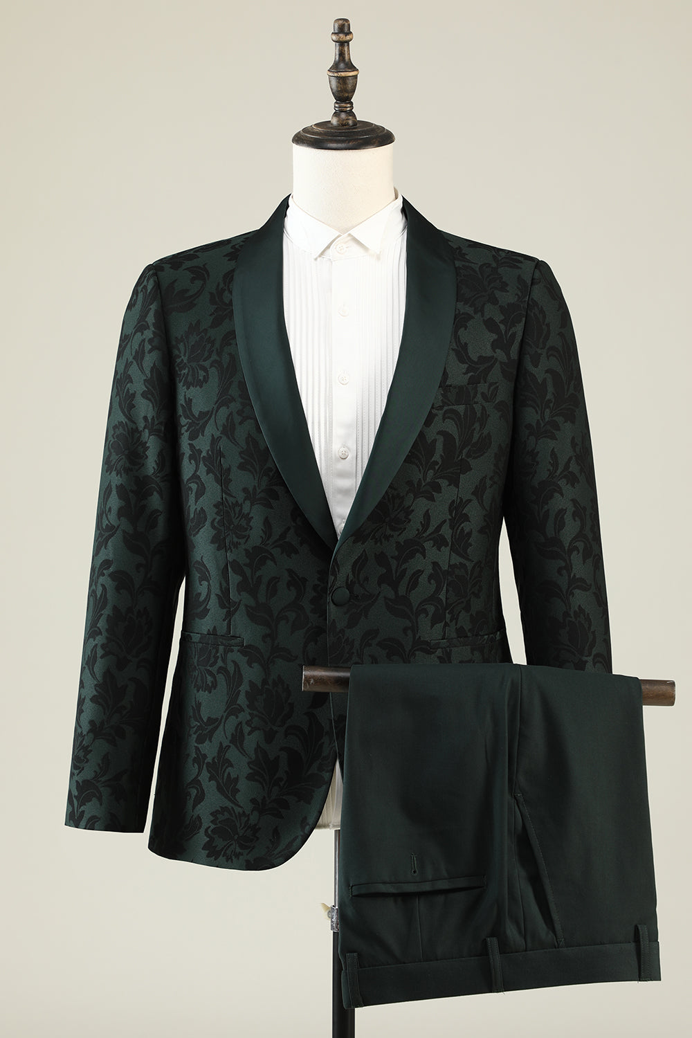 Dark Green Jacquard Shawl Lapel One Button 2 Piece Men's Prom Suit
