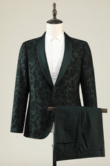 Dark Green Jacquard Shawl Lapel One Button 2 Piece Men's Prom Suit