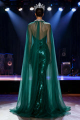 Dressystars Dark Green Mermaid Halter Long Sequin Pageant Dress With Cape