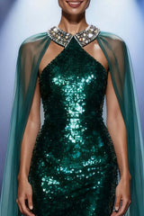 Dressystars Dark Green Mermaid Halter Long Sequin Pageant Dress With Cape