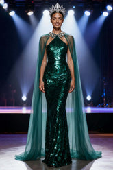 Dressystars Dark Green Mermaid Halter Long Sequin Pageant Dress With Cape