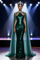 Dressystars Dark Green Mermaid Halter Long Sequin Pageant Dress With Cape
