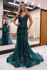 Dark Green Mermaid Sequin Long Prom Dress