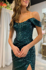 Dark Green Off the Shoulder Prom Dress Mermaid Evening Dress with Slit