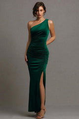 Dressystars Dark Green One Shoulder Long Mermaid Prom Dress With Slit