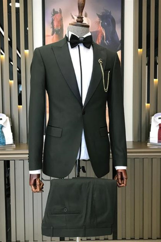 Dark Green Peaked Lapel 2 Piece Newest Prom Suit