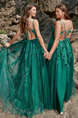 Dark Green Prom Dress A Line Long Tulle Evening Dress with Appliques