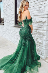 Dark Green Prom Dress Mermaid Long Lace Evening Dress with Feathers