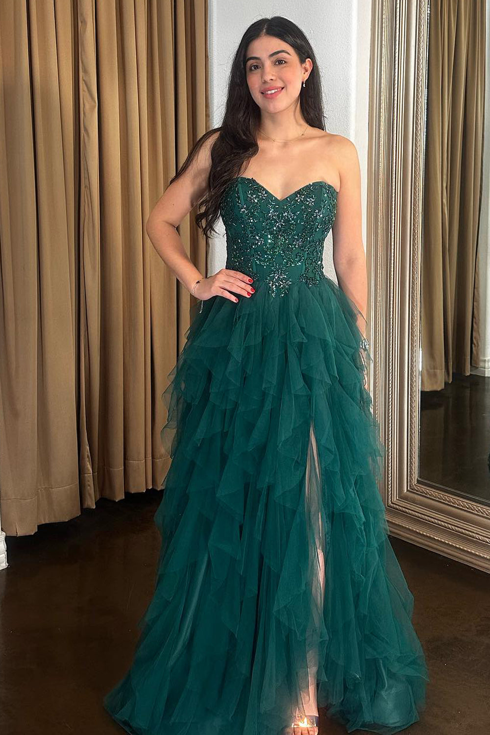Dark Green Prom Dress Ruffled Sweetheart Long Evening Dress with Slit