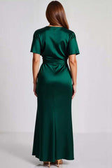 Dark Green Prom Dress Satin Short Sleeves V Neck Sheath Long Formal Dress