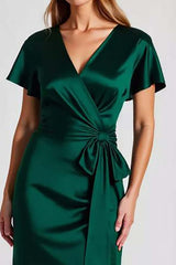 Dark Green Prom Dress Satin V-Neck Long Sheath Formal Dress With Short Sleeves
