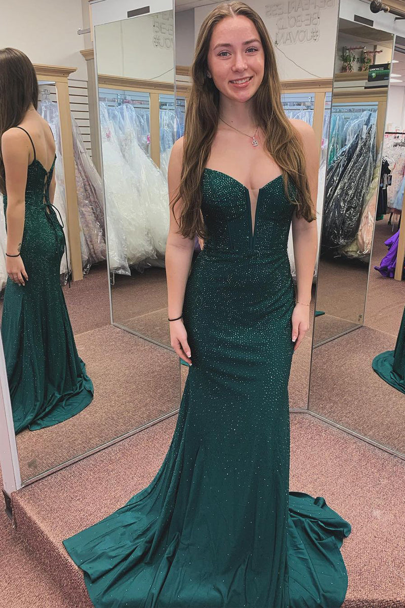 Dark Green Prom Dress Spaghetti Straps Beaded Mermaid Long Evening Dress