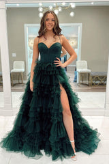 Dark Green Prom Dress Sweetheart Neck Ruffle Tiered Tulle Long Evening Dress With Split