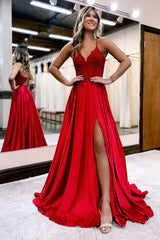 Dark Green Satin A Line Appliques Prom Dress with Slit