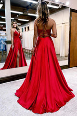Dark Green Satin A Line Appliques Prom Dress with Slit