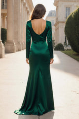 Dressystars Dark Green Satin Mermaid Rched Long Sleeves Prom Dress With Slit