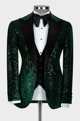 Dark Green Sequins Peaked Lapel Three Piece Prom Suit