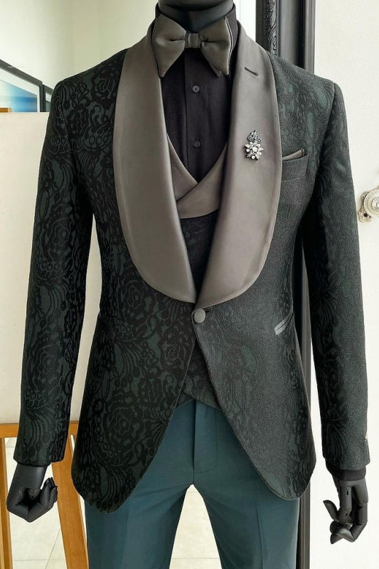Dark Green Shawl Lapel 3 Piece Slim Fit Jacquard Wedding Suit