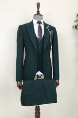 Dark Green Three Piece Peaked Lapel Business Suit