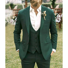 Dark Green Three-Piece Wedding Suit For Men Tailored Fit With Single-Breasted Two-Button Design