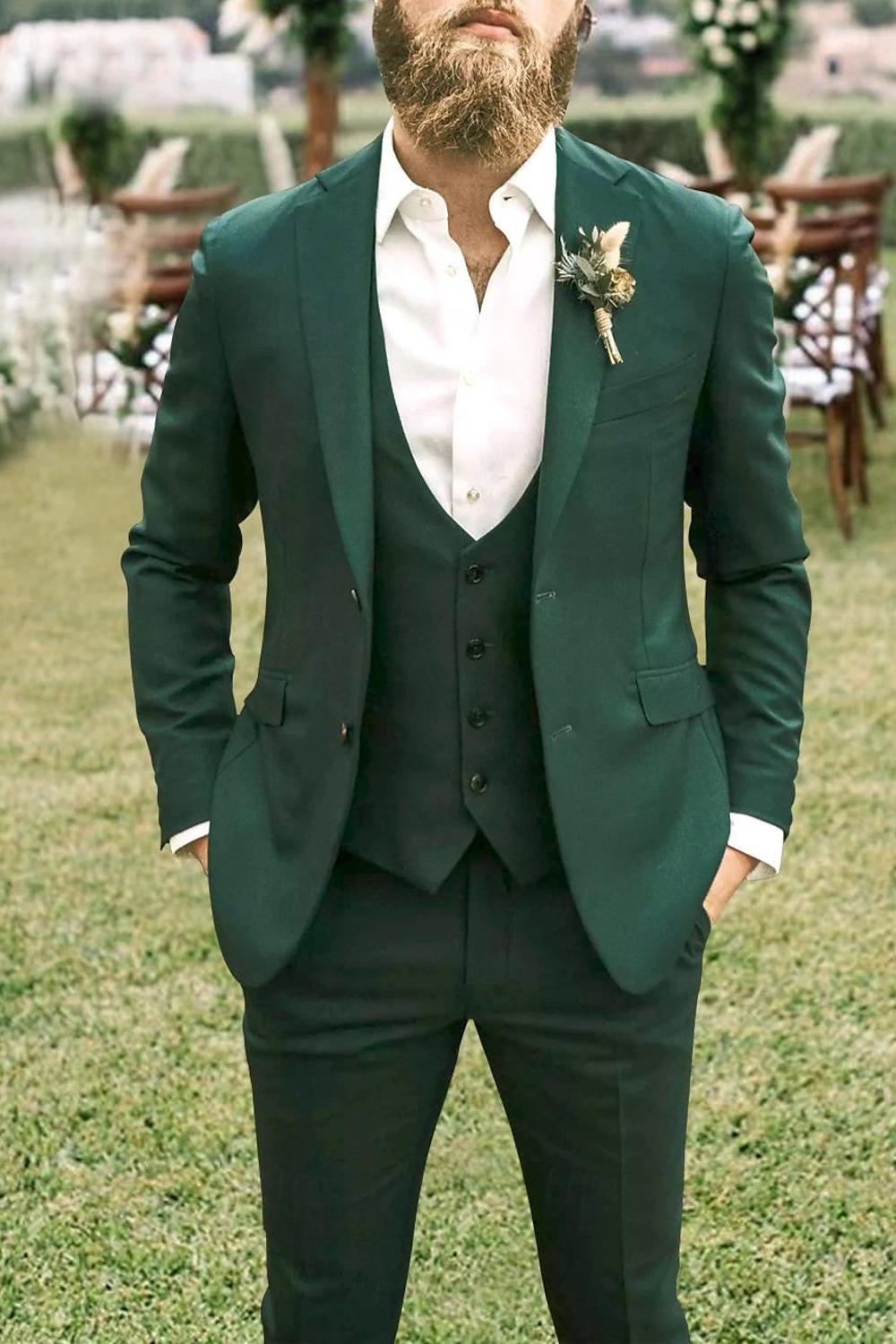 Dark Green Three-Piece Wedding Suit For Men Tailored Fit With Single-Breasted Two-Button Design