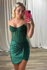 Dark Green Tight Homecoming Dresses Ruched Short Corset Cocktail Dresses With Beading