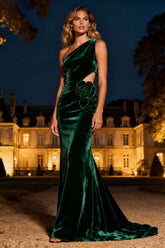 Dressystars Dark Green Velvet Mermaid Cut-Out Long Holiday Party Dress With 3D Flower
