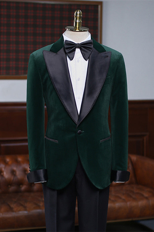 Dark Green Velvet Peaked Lapel Prom Suit for Men