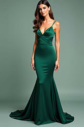 Dark Green Wedding Guest Dress Deep V-Neck Spaghetti Straps Long Prom Dress