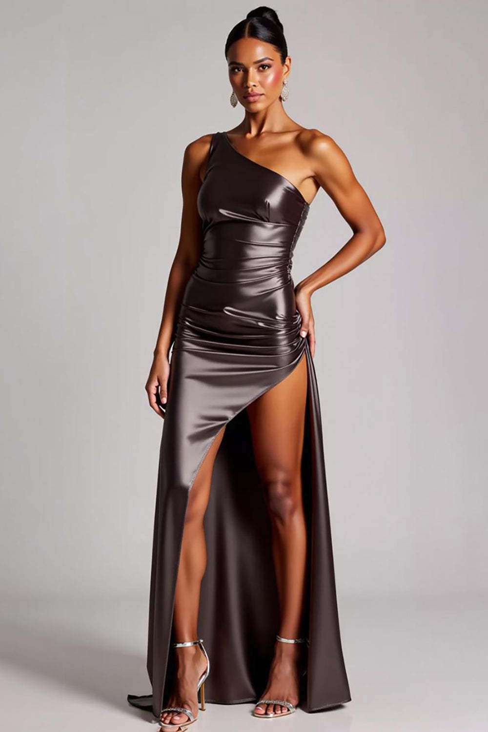 Dressystars Women Dark Grey Formal Dress One Shoulder Long Satin Wedding Guest Dress With Slit Dressystars Women Dark Grey Formal Dress One Shoulder Long Satin Wedding Guest Dress With Slit