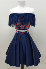 Dark Homecoming Dress Blue Lace Short Party Cocktail Dress