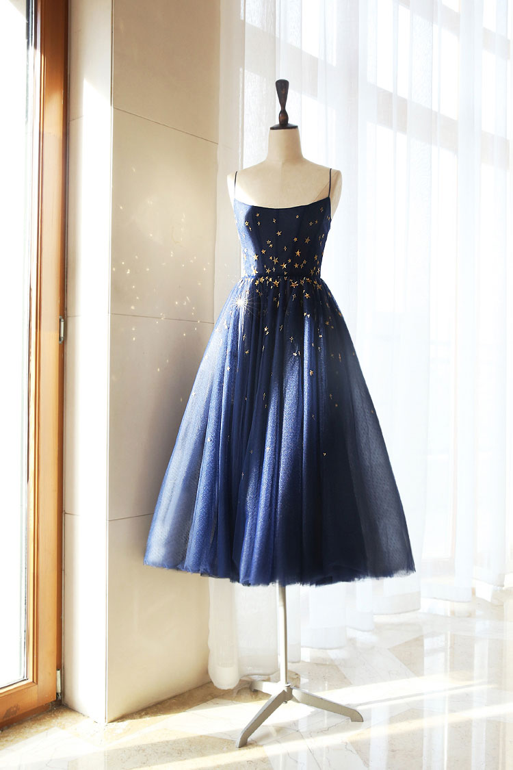 Dark Homecoming Dress Blue Tulle Tea Length Short Party Cocktail Dress