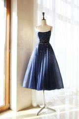 Dark Homecoming Dress Blue Tulle Tea Length Short Party Cocktail Dress