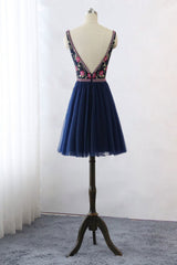 Dark Homecoming Dress Blue V Neck Lace Tulle Short Party Cocktail Dress