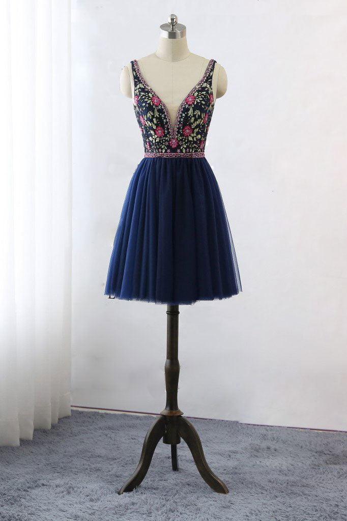 Dark Homecoming Dress Blue V Neck Lace Tulle Short Party Cocktail Dress