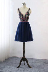 Dark Homecoming Dress Blue V Neck Lace Tulle Short Party Cocktail Dress