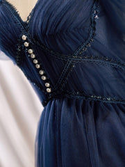 Dark Homecoming Dress Blue V Neck Tulle Short Party Cocktail Dress