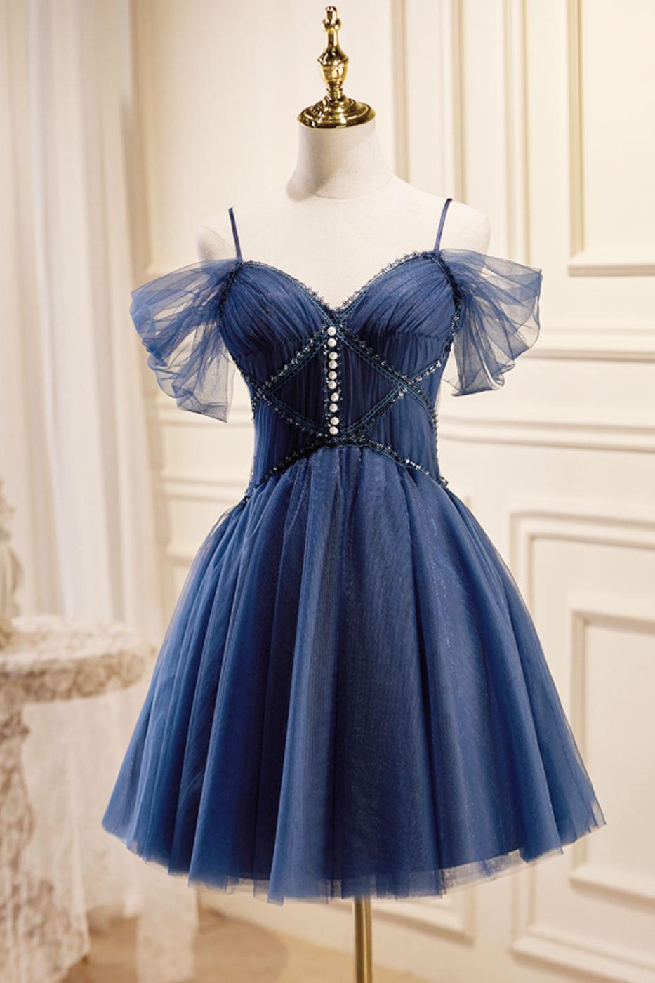 Dark Homecoming Dress Blue V Neck Tulle Short Party Cocktail Dress
